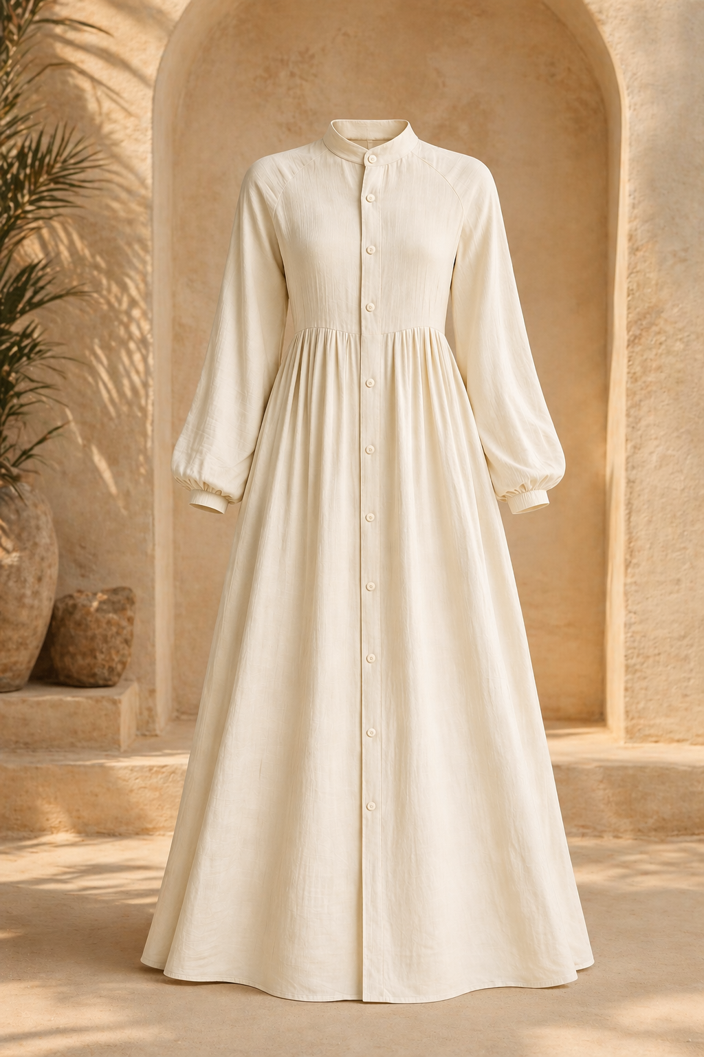Creamy button-front flared dress.