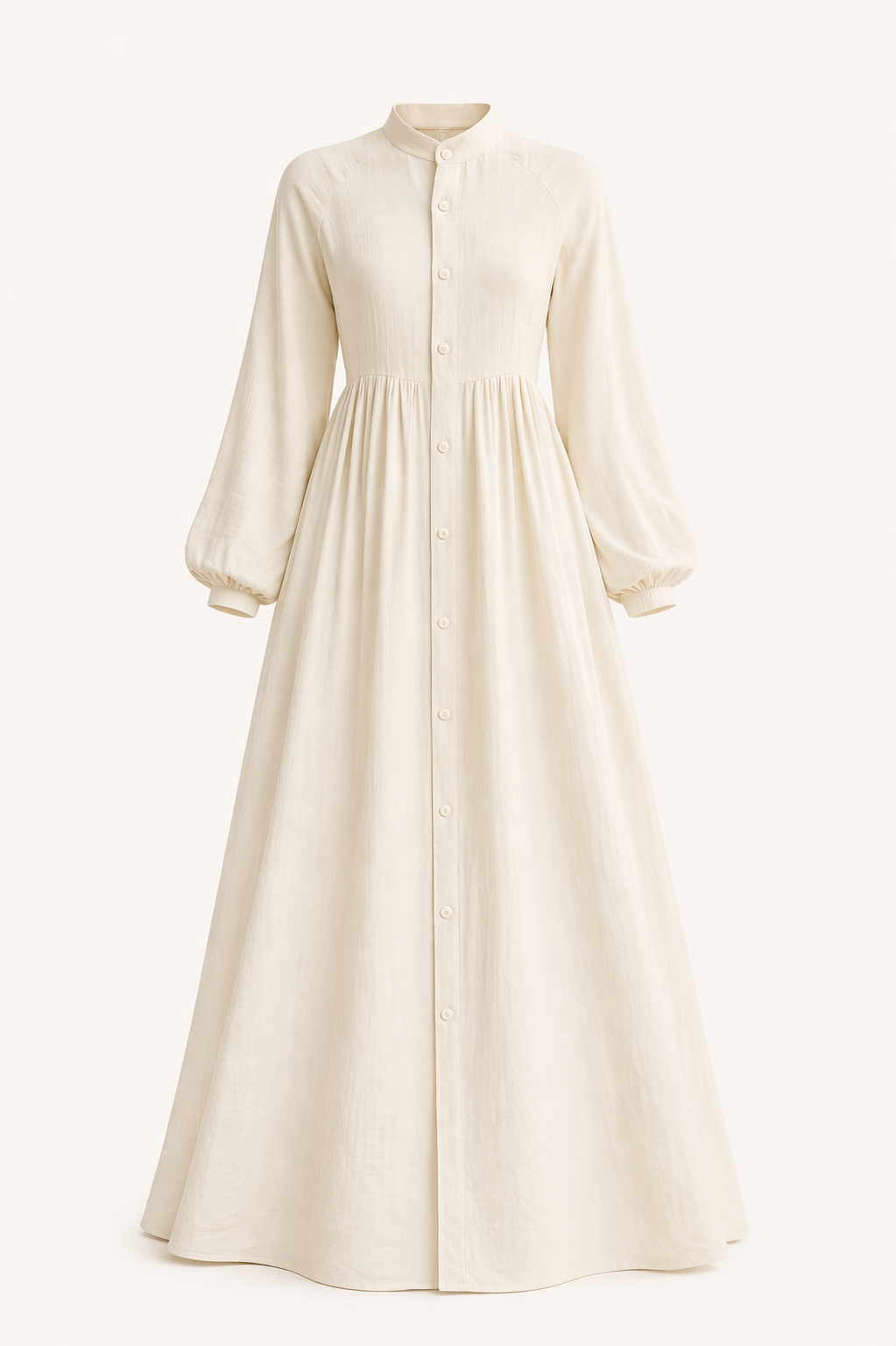 Creamy button-front flared dress.